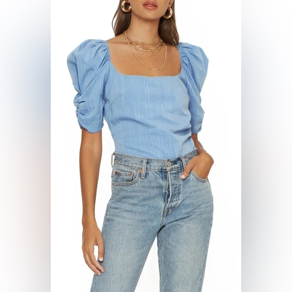 4Si3nna Clea Puff Sleeve Bodysuit Blue sz XS